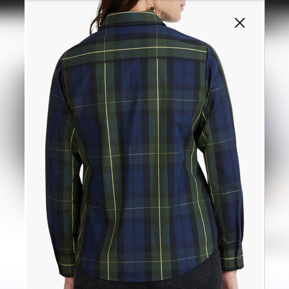 Foxcroft Tina Lenox Tartan Plaid Button Down Shirt Black Blue Green 20W Shaped - Picture 2 of 9